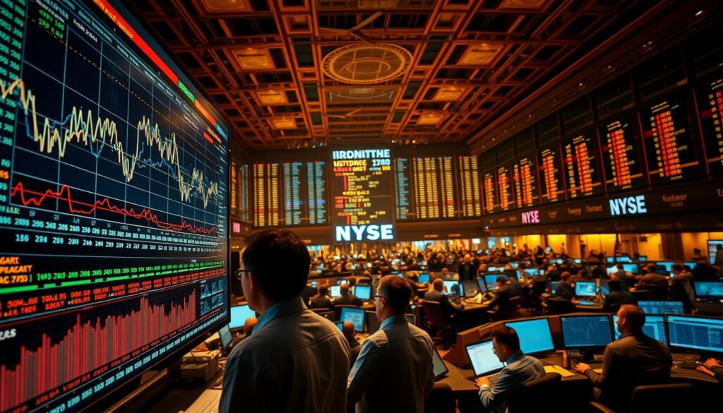 A detailed historical stock market analysis visualized with a striking color palette. In the foreground, a large screen displays a comprehensive trend analysis, with line graphs, candlestick charts, and other financial data visualizations. The middle ground features a team of analysts intently studying the data, their expressions reflecting deep concentration. In the background, a vast, dimly lit trading floor bustles with activity, traders engaged in intense discussions. Warm lighting casts a subtle glow, creating an atmosphere of serious contemplation and high-stakes decision-making. The overall scene conveys the weight and significance of understanding public betting trends to gain a strategic advantage.