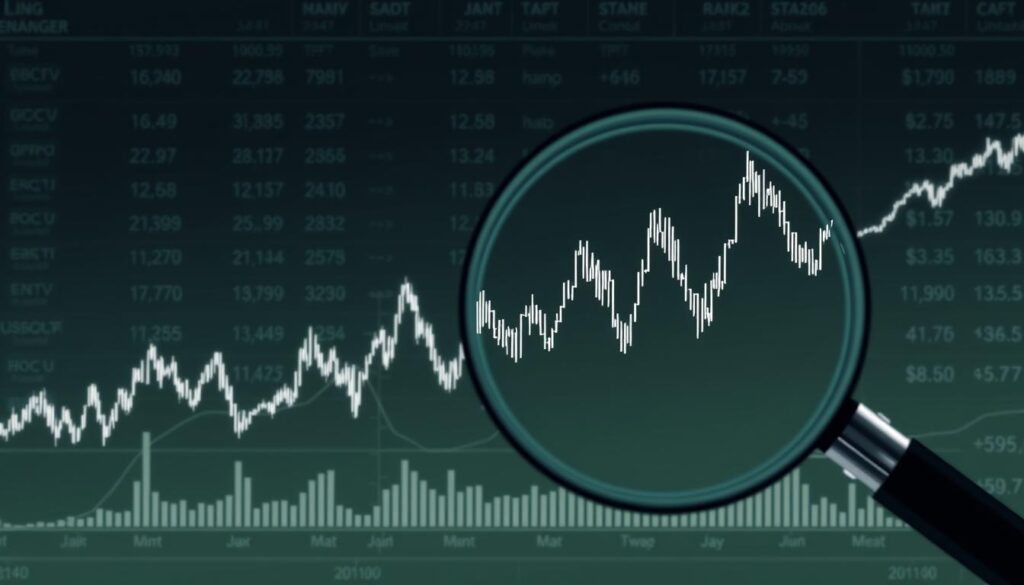 A dynamic financial chart depicting the movement of sports betting lines, visualized against a muted backdrop of stock tickers and statistical data. The chart is rendered in a sleek, high-contrast style, with bold lines tracing the fluctuations in real-time. In the foreground, a magnifying glass hovers over a specific data point, highlighting the importance of close analysis. The overall composition conveys a sense of informed decision-making, where the subtle nuances of line movements are key to successful betting strategies.