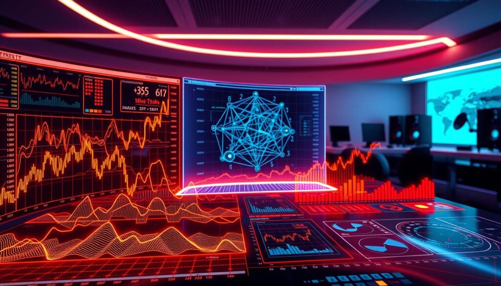 A futuristic data visualization dashboard, illuminated by warm neon hues, showcases a variety of interactive graphs and charts. In the foreground, intricate line graphs and scatter plots dynamically respond to user inputs, highlighting patterns and anomalies in financial market data. The middle ground features a large holographic projection, depicting complex algorithmic models that analyze market inefficiencies in real-time. The background is a sleek, minimalist workspace, with a large curved display wall and state-of-the-art computing hardware. The overall mood is one of technological sophistication and data-driven decision making, perfectly suited for identifying and capitalizing on market inefficiencies.