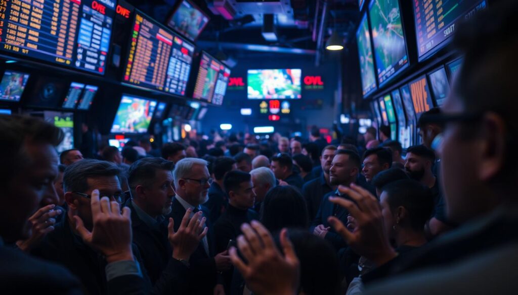 A lively crowd gathered at a bustling betting parlor, eyes glued to the flashing screens showcasing the latest odds and betting lines. In the foreground, a sea of faces etched with intense concentration, fingers twitching as they study the data, searching for any edge or opportunity. The middle ground is a blur of activity, with bettors hurriedly placing wagers, their body language conveying a sense of urgency and anticipation. In the background, the dimly lit interior is punctuated by the soft glow of the screens, creating an atmospheric and immersive setting. The overall mood is one of collective excitement, as the crowd collectively rides the emotional rollercoaster of the unfolding events, seeking to capitalize on the public's shifting sentiments.