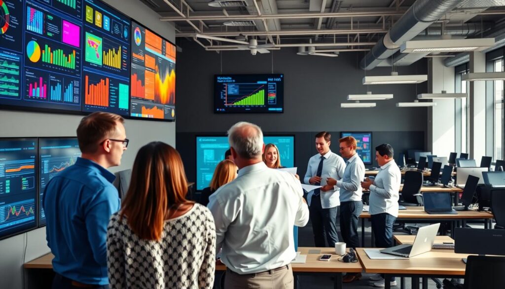 A modern, well-equipped office space. In the foreground, a team of data analysts intently studying colorful dashboards and data visualizations projected on large screens. In the middle ground, a group of executives engaged in a lively discussion, referencing printouts and digital reports. The background features rows of desks with laptops and monitors, conveying a sense of a data-driven, collaborative work environment. The lighting is bright and natural, creating a welcoming and productive atmosphere. The camera angle is slightly elevated, providing a panoramic view of the data-driven decision-making process in action. A modern, well-equipped office space. In the foreground, a team of data analysts intently studying colorful dashboards and data visualizations projected on large screens. In the middle ground, a group of executives engaged in a lively discussion, referencing printouts and digital reports. The background features rows of desks with laptops and monitors, conveying a sense of a data-driven, collaborative work environment. The lighting is bright and natural, creating a welcoming and productive atmosphere. The camera angle is slightly elevated, providing a panoramic view of the data-driven decision-making process in action.