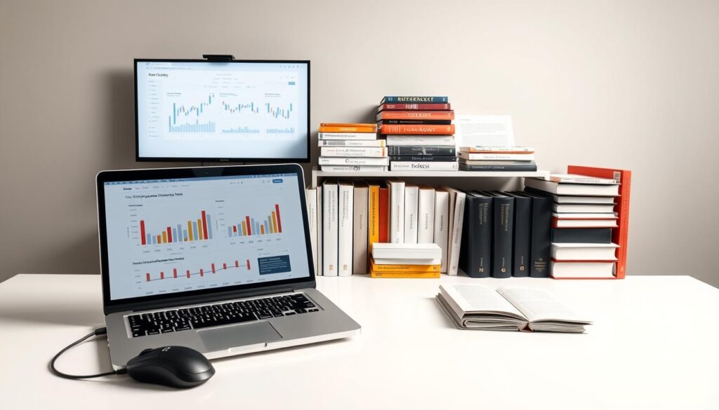 A neatly arranged workspace displaying various strategy comparison tools. In the foreground, a laptop and mouse set atop a clean, minimalist desk under bright, indirect studio lighting. On the screen, charts and graphs visualize financial data. In the middle ground, an array of reference materials, including books, research papers, and financial reports, are meticulously organized. The background features a neutral, muted color palette, creating a serene, professional atmosphere conducive to in-depth analysis.