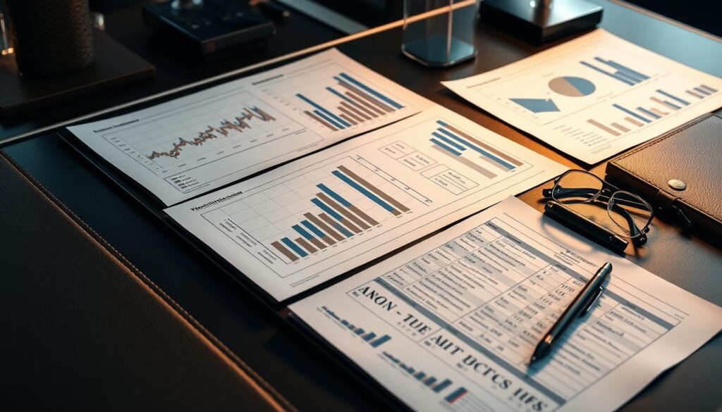 A neatly organized betting tools case study, presented on a sleek, modern desk. Crisp graphs and charts adorn the surface, illuminated by warm, directional lighting that casts subtle shadows. The materials have a tactile, premium feel - leather, wood, and polished metal. A pair of reading glasses and a pen rest nearby, suggesting an in-depth analysis. The overall atmosphere is one of focused, professional inquiry, hinting at the insights to be gleaned from this comprehensive study.