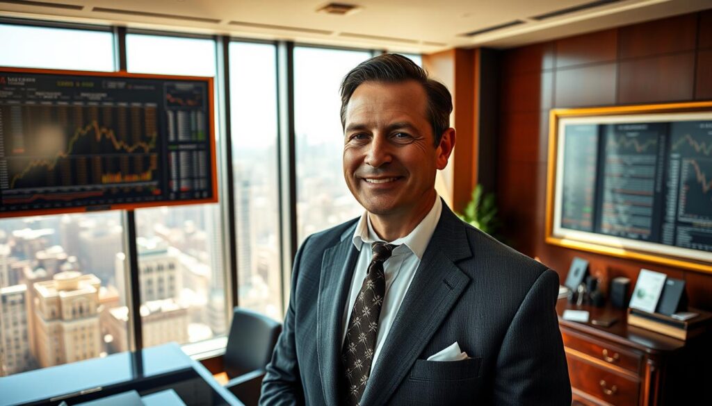 A well-dressed gentleman stands confidently in a sun-drenched office, surrounded by the trappings of financial success - a gleaming mahogany desk, a wall of framed stock charts, and a panoramic view of a bustling city skyline. His expression is one of satisfaction, a subtle smile hinting at the profitable trades and savvy investments that have led him to this moment of triumph. The warm, golden lighting casts a sense of warmth and accomplishment, inviting the viewer to imagine the hard-won victories and compelling stories that have unfolded within these walls.