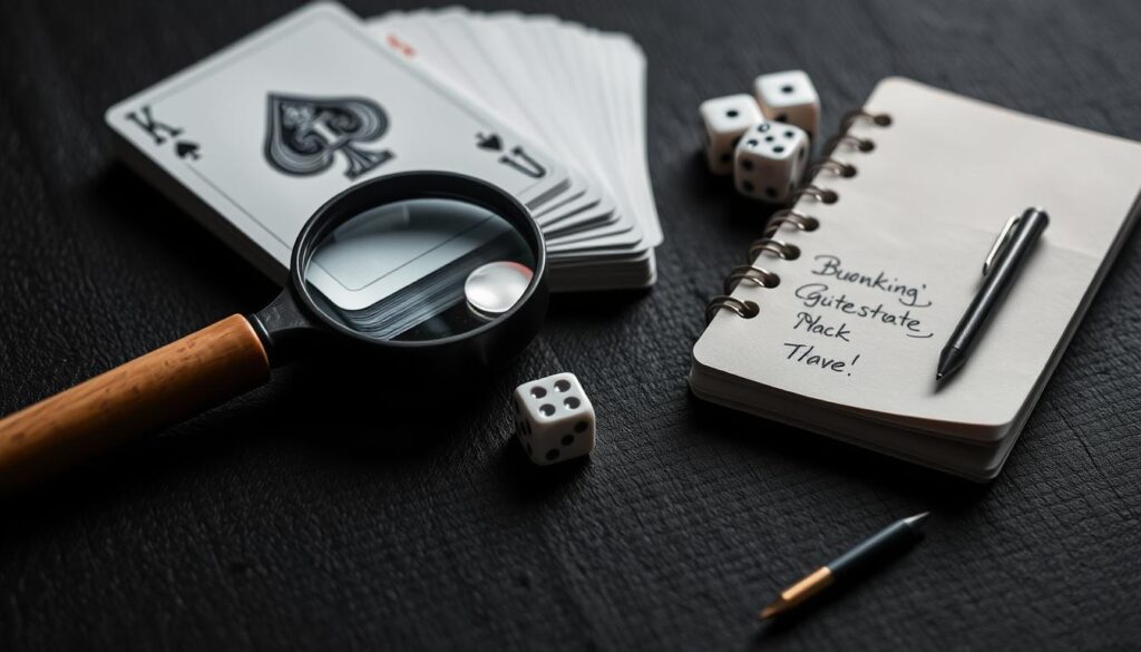 A well-lit, close-up photograph of an assortment of betting advantage tools, including a magnifying glass, a deck of cards, a pair of dice, and a small notebook with handwritten notes. The tools are arranged neatly on a dark, textured surface, creating a sense of focus and attention to detail. The lighting is soft and directional, casting subtle shadows and highlighting the materials and textures of the objects. The overall mood is one of strategic contemplation, suggesting the tools are used to gain a competitive edge in the world of gambling and betting.