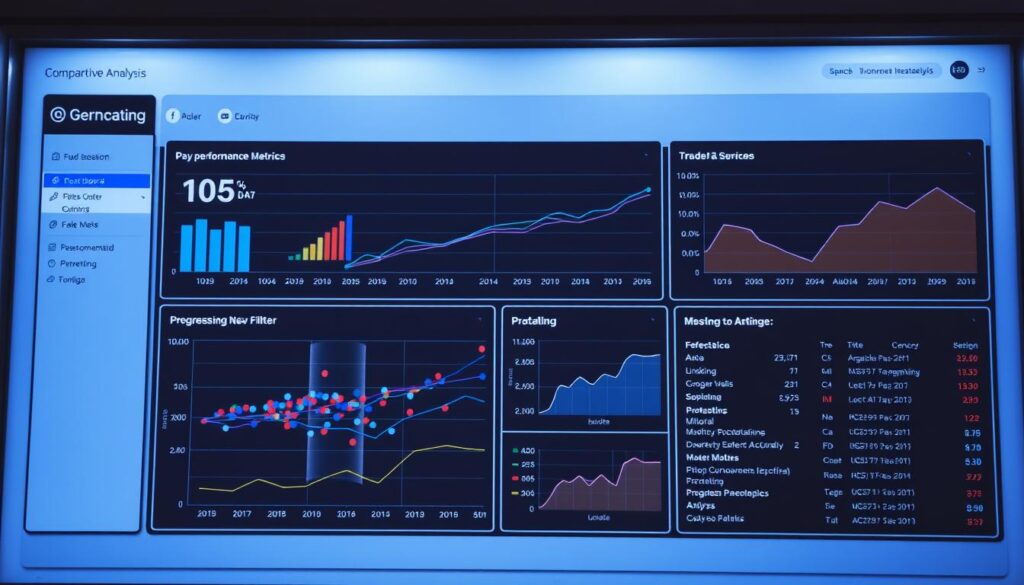 A well-lit, professional data visualization dashboard displaying various comparative analysis strategies. The foreground features a central scatter plot chart comparing two key performance metrics, with interactive data filters and annotations. The middle ground showcases multiple line charts tracking trends over time, while the background displays a comprehensive overview of the analysis workflow, including data sources, preprocessing steps, and modeling techniques. The overall mood is one of data-driven decision making, with a clean, modern aesthetic and subtle use of brand colors to maintain a cohesive visual identity.