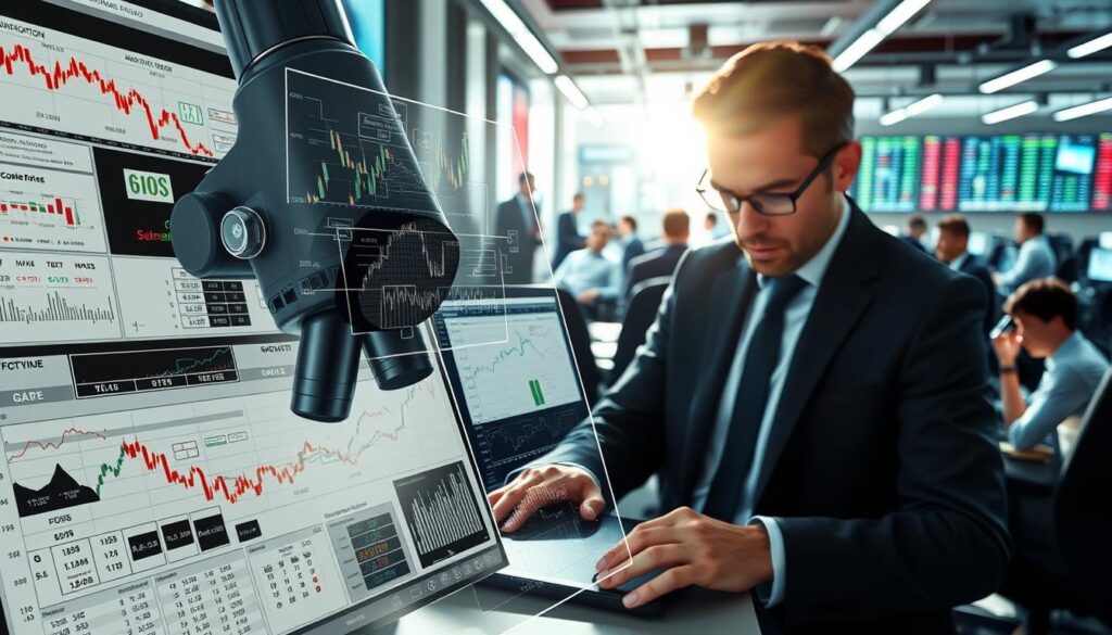 Detailed technical diagram illustrating various betting edge identification techniques. In the foreground, a microscope closely examining financial data charts and graphs, highlighting complex patterns and anomalies. In the middle ground, a trader using advanced analytical software, meticulously cross-referencing multiple data sources. The background depicts a bustling trading floor, with screens displaying real-time market information and traders engaged in intense discussion. Bright, natural lighting floods the scene, creating a sense of focus and clarity. Rendered in a sleek, technical style with a cool, professional tone, emphasizing the precision and attention to detail required for effective market inefficiency detection.