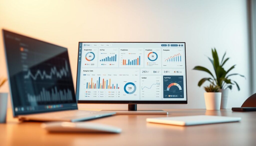 High-fidelity dashboard interface displaying a suite of analytical tools, featuring intuitive data visualizations, interactive charts, and advanced metrics. Sleek, modern design with clean lines and a minimalist aesthetic. Soft, diffused lighting casts a warm glow across the workspace, creating a focused and productive atmosphere. Careful camera angle showcases the dashboard's comprehensive functionality, allowing the user to easily navigate and extract valuable insights from complex data sets. Subtle depth-of-field blur emphasizes the dashboard's central role, while the background features muted tones and subtle gradients to avoid distractions. High-fidelity dashboard interface displaying a suite of analytical tools, featuring intuitive data visualizations, interactive charts, and advanced metrics. Sleek, modern design with clean lines and a minimalist aesthetic. Soft, diffused lighting casts a warm glow across the workspace, creating a focused and productive atmosphere. Careful camera angle showcases the dashboard's comprehensive functionality, allowing the user to easily navigate and extract valuable insights from complex data sets. Subtle depth-of-field blur emphasizes the dashboard's central role, while the background features muted tones and subtle gradients to avoid distractions.