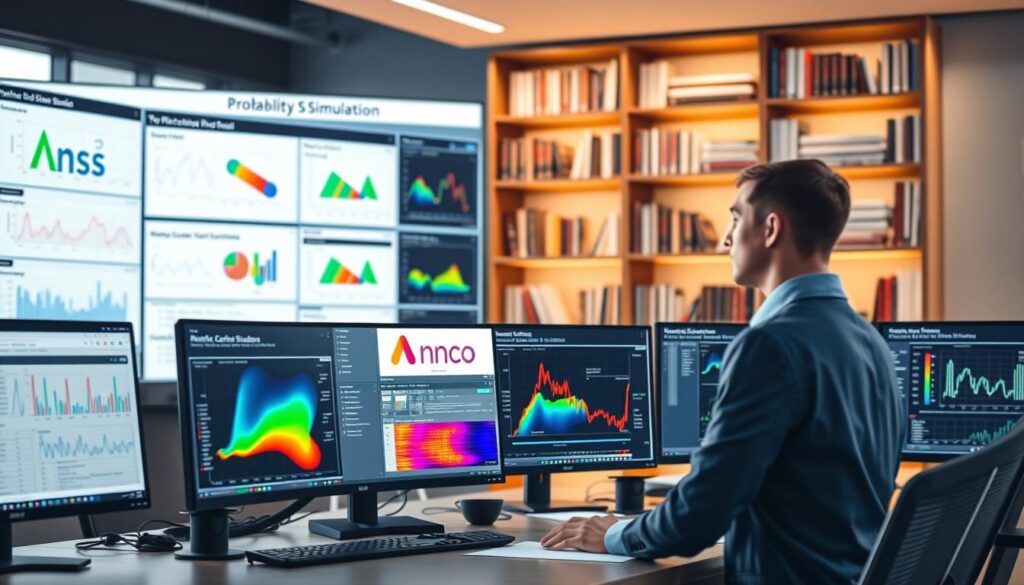 A sleek, modern workspace displaying various probability simulation tools. In the foreground, an organized desk with multiple computer screens showcasing charts, graphs, and simulation results. A professional-looking person in business attire, focused on analyzing data. In the middle ground, a large digital display illustrating different software interfaces for Monte Carlo simulations, with vibrant colors emphasizing features and outcomes. The background features a soft-focus bookshelf with technical books on statistics and probability, illuminated by warm, natural lighting. The mood is one of productivity and concentration, emphasizing the sophistication of technology in decision-making processes. The scene is well-composed, with a balanced view from a slight elevation, capturing the essence of analytical work in a contemporary setting.
