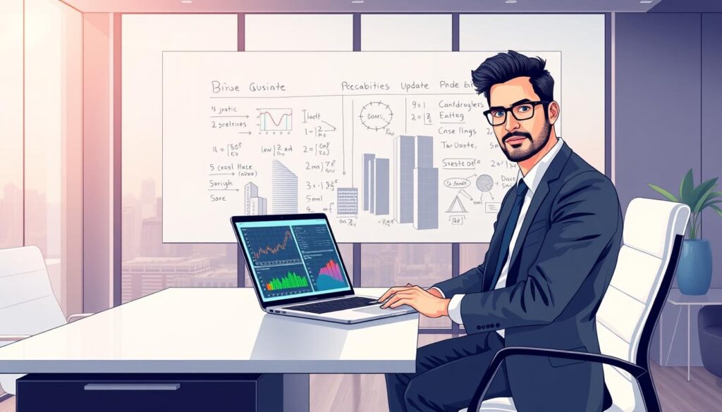 A detailed and engaging illustration of a Bayesian Betting Model framework, set in a sleek, modern office environment. In the foreground, a confident business professional, dressed in formal attire, sits at a minimalist desk, analyzing data on a laptop. The screen displays colorful graphs and probability distributions, emphasizing the concept of updating probabilities. In the middle, a large whiteboard behind them is filled with diagrams and formulas related to Bayesian statistics. The background features a large window with a city skyline, suggesting a sense of ambition and innovation. Soft, ambient lighting casts a warm glow over the room, creating a focused yet inviting atmosphere, captured from a slightly elevated angle to showcase both the professional and the data.