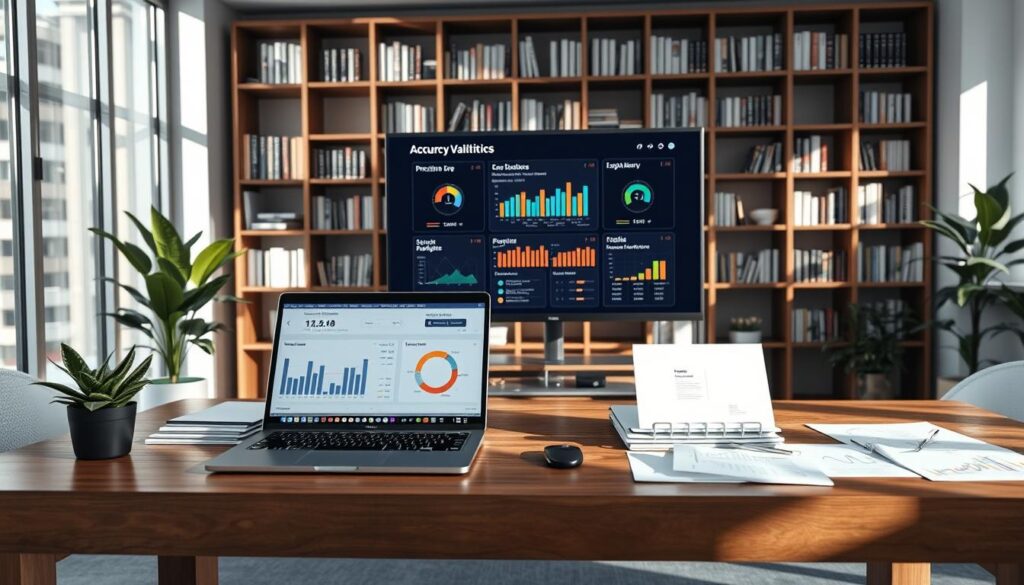 A detailed visualization of model accuracy validation metrics set in a modern office environment. In the foreground, an elegant wooden desk is cluttered with graphs, charts, and data visualizations displayed on a laptop screen. A stylish potted plant adds a touch of greenery. In the middle ground, a large monitor showcases a colorful dashboard of accuracy metrics, including precision, recall, and F1 scores, with clear and engaging visual elements. The background features a sleek bookshelf filled with analytical literature and a large window letting in soft, natural light, casting gentle shadows across the room. The atmosphere is focused and professional, portraying an analytical mindset. Capture this scene from a slightly elevated angle to provide a comprehensive view of the workspace while maintaining a sharp focus on the metrics displayed on the screen. A detailed visualization of model accuracy validation metrics set in a modern office environment. In the foreground, an elegant wooden desk is cluttered with graphs, charts, and data visualizations displayed on a laptop screen. A stylish potted plant adds a touch of greenery. In the middle ground, a large monitor showcases a colorful dashboard of accuracy metrics, including precision, recall, and F1 scores, with clear and engaging visual elements. The background features a sleek bookshelf filled with analytical literature and a large window letting in soft, natural light, casting gentle shadows across the room. The atmosphere is focused and professional, portraying an analytical mindset. Capture this scene from a slightly elevated angle to provide a comprehensive view of the workspace while maintaining a sharp focus on the metrics displayed on the screen.