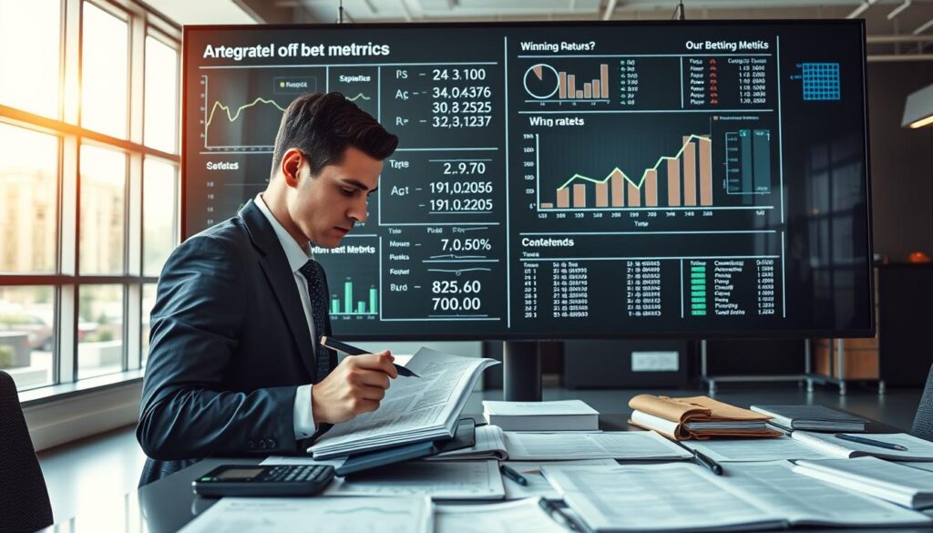 A digital workspace showcasing the integration of bet metrics, featuring a large, clear screen displaying graphs, charts, and formulas that represent win rates alongside other betting metrics. In the foreground, a professional individual in smart business attire intently analyzes the data, pen in hand, surrounded by note papers and a calculator. In the middle, a large table is cluttered with betting reports and statistical books. The background reveals a modern office setting with bright, natural lighting streaming in through large windows, creating an atmosphere of focused productivity and financial analysis. The overall mood is analytical and serious, emphasizing the importance of informed decision-making in betting. The camera angle is slightly above eye level, capturing both the individual and the detailed metrics on the screen clearly.