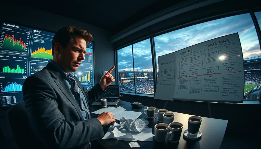 A dimly lit sports analytics office, showcasing a large digital dashboard filled with colorful graphs and statistics about sports betting performance. In the foreground, a frustrated analyst, dressed in a professional business outfit, points at a flickering screen, surrounded by crumpled papers and coffee cups, symbolizing tracking mistakes. In the middle ground, a whiteboard displays various KPI metrics with glaring errors highlighted. The background features a large window revealing a bustling sports stadium under a twilight sky, casting a glow that emphasizes the tension in the room. The atmosphere is one of urgency and realization, with shadows enhancing the sense of struggle against a complex data environment. Use a slight fisheye perspective to create depth and emphasize the analyst’s focused expression.