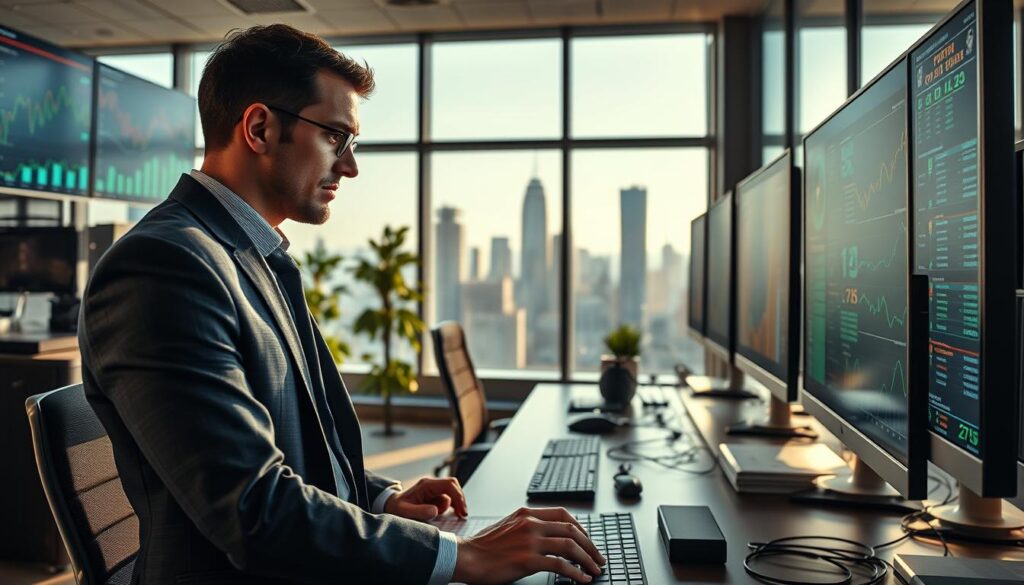 A dynamic scene illustrating predictive analytics in sports betting, featuring a professional data analyst in business attire focused on multiple screens filled with graphs, statistics, and sports game data. In the foreground, the analyst is engaged in analysis, with a confident and thoughtful expression. The middle ground showcases a sleek, modern office environment with high-tech equipment, advanced computers, and visual displays of betting odds. The background includes a large window showing a city skyline, with soft, natural light streaming into the room, creating an intellectual and professional atmosphere. Capture this moment from a slightly elevated angle to emphasize the screens, and use a warm color palette to evoke a sense of optimism and forward-thinking in sports betting. A dynamic scene illustrating predictive analytics in sports betting, featuring a professional data analyst in business attire focused on multiple screens filled with graphs, statistics, and sports game data. In the foreground, the analyst is engaged in analysis, with a confident and thoughtful expression. The middle ground showcases a sleek, modern office environment with high-tech equipment, advanced computers, and visual displays of betting odds. The background includes a large window showing a city skyline, with soft, natural light streaming into the room, creating an intellectual and professional atmosphere. Capture this moment from a slightly elevated angle to emphasize the screens, and use a warm color palette to evoke a sense of optimism and forward-thinking in sports betting.