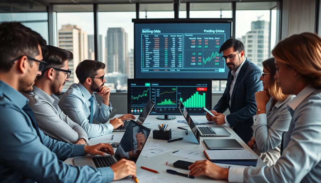A dynamic scene of a sports betting analysis meeting, focusing on intellectual discussion and strategy. In the foreground, a diverse group of analysts, dressed in professional business attire, intensely observe data charts and graphs projected on a screen, showcasing fluctuating betting odds and statistics. The middle ground features a large table dotted with laptops, pens, and notebooks, creating a workspace that encourages focus and collaboration. The background has a large window with a city view, allowing natural light to pour in, illuminating the room and creating an atmosphere of urgency and determination. The image captures a moment of deep concentration, with facial expressions reflecting the seriousness of avoiding cognitive bias in betting decisions. The overall mood is analytical and thoughtful, emphasizing the importance of objective evaluation in sports wagering.