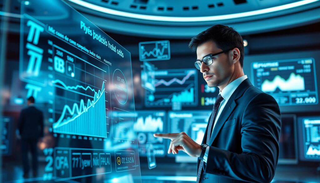 A futuristic digital interface illustrating Bayesian Models updating odds in real-time. In the foreground, a transparent touchscreen display shows fluctuating odds with graphs and probability curves, while a professional figure in business attire interacts with the interface, examining data seriously. The middle ground features floating data visualizations and statistical symbols like pi and sigma, represented in a sleek, modern style. The background is a high-tech environment with illuminated screens displaying comparison charts and predictions. Soft blue and green lighting creates a calm, analytical atmosphere, emphasizing clarity and focus. The perspective is slightly angled to provide depth, capturing the dynamic nature of data analysis and decision-making in Bayesian frameworks.