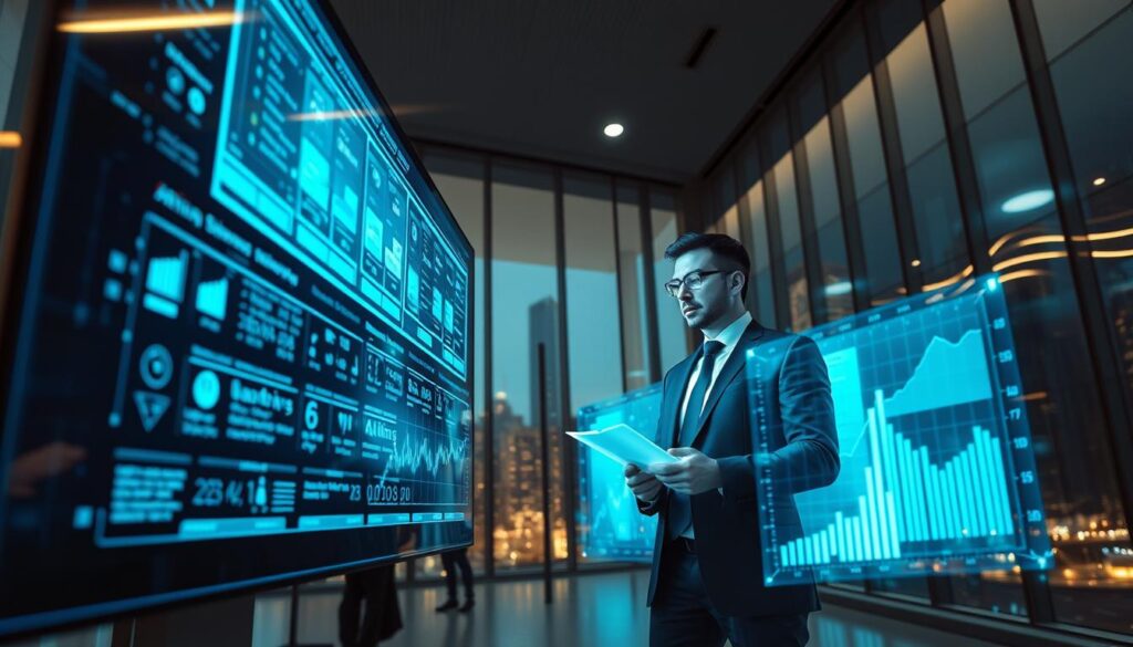 A high-tech scene depicting machine learning betting techniques, featuring a futuristic display of algorithms and data analytics on a large digital screen in the foreground. In the middle ground, a focused data analyst in professional business attire is actively analyzing betting patterns, surrounded by holographic charts and graphs, radiating a blue glow. The background showcases a sleek modern office with floor-to-ceiling windows overlooking a bustling cityscape, illuminated by soft, ambient lighting that creates a productive and innovative atmosphere. The composition is shot from a low angle, emphasizing the advanced technology and creating a sense of depth and intrigue, while maintaining a professional mood that reflects the cutting-edge integration of AI in betting models. A high-tech scene depicting machine learning betting techniques, featuring a futuristic display of algorithms and data analytics on a large digital screen in the foreground. In the middle ground, a focused data analyst in professional business attire is actively analyzing betting patterns, surrounded by holographic charts and graphs, radiating a blue glow. The background showcases a sleek modern office with floor-to-ceiling windows overlooking a bustling cityscape, illuminated by soft, ambient lighting that creates a productive and innovative atmosphere. The composition is shot from a low angle, emphasizing the advanced technology and creating a sense of depth and intrigue, while maintaining a professional mood that reflects the cutting-edge integration of AI in betting models.