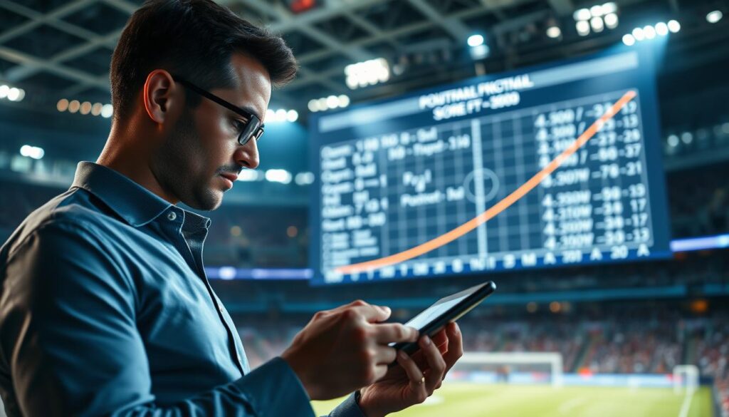 A meticulously detailed visualization of Poisson sports modeling, featuring a stylized graph representing score predictions in low-scoring sports such as soccer or hockey. In the foreground, a professional statistician, dressed in smart casual attire, examines datasets on a tablet, deeply engaged in analysis. The middle ground showcases a large digital screen filled with mathematical equations and graphical representations of scoring probabilities. In the background, a softly blurred sports arena hints at the context of the modeling, with ambient lighting illuminating key areas. The atmosphere is one of focused professionalism, combining a sense of analytical precision with the excitement of sports prediction, captured in a dynamic angle that enhances depth.