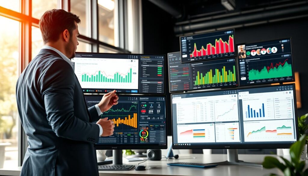 A modern office environment featuring a sleek, multi-monitor setup showcasing a variety of betting metric dashboards. In the foreground, a professional in smart casual attire interacts with one monitor, analyzing graphs and performance metrics. The middle layer includes detailed and vibrant screen displays filled with colorful charts, real-time statistics, and a clean user interface, all reflecting different aspects of betting performance. The background shows a well-lit office with large windows allowing natural light to flood in, adding a warm ambiance. The mood is focused and analytical, emphasizing productivity, with a depth of field that slightly blurs the background to draw attention to the dashboard setup. The overall atmosphere conveys a sense of professionalism and high-tech engagement.
