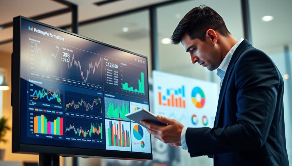 A modern performance monitoring dashboard displayed on a sleek computer screen, featuring vibrant graphs and metrics related to betting performance. In the foreground, the screen captures various colorful line charts, bar graphs, and pie charts, showcasing real-time data analysis. In the middle, a focused professional, dressed in business attire, is intently reviewing the dashboard, holding a tablet in their hand to cross-reference data. The background features a contemporary office setting with soft, ambient lighting, highlighting the high-tech nature of performance tracking. The scene conveys a sense of productivity and analytical focus, emphasizing the importance of routine reviews in enhancing performance metrics. The angle captures both the dashboard and the professional seamlessly, illustrating a harmonious workspace.