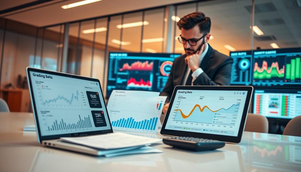 A professional and analytical environment depicting the grading bets value betting approach. In the foreground, a sleek, modern desk is adorned with a laptop displaying detailed analytics graphs of win rate and profitability metrics. Beside the laptop, there are betting slip papers and a calculator. In the middle ground, a focused individual in business attire studies the data, exuding concentration and diligence, with digital screens behind them showcasing vivid, colorful charts and statistics. The background features a well-lit office with glass walls, giving a sense of transparency and professionalism. The atmosphere is serious yet inspiring, with warm lighting casting a glow that highlights the importance of analytical thinking in betting. The angle of the shot is slightly elevated, emphasizing the workspace and the individual’s engagement with their work.
