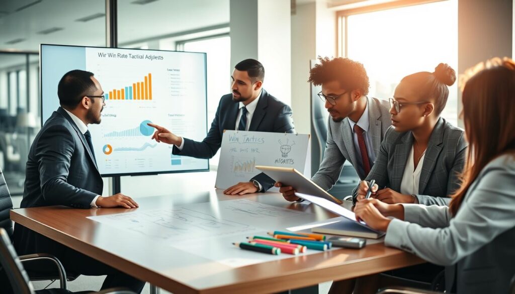 A professional and dynamic scene depicting a group of analysts engaged in a strategic meeting to discuss win rate tactical adjustments. In the foreground, a diverse team of three individuals, dressed in smart business attire, are gathered around a modern conference table. One analyst points at a large digital display showing graphs and statistics on win rates, while another scribbles notes on a tablet, showcasing focused expressions. In the middle ground, a sleek whiteboard filled with colorful markers highlighting key tactics surrounds the group. The background features a bright, well-lit office with large windows, letting in sunlight that creates a vibrant yet serious atmosphere. Use a slightly elevated angle to capture the collaborative energy of the room, with soft lighting to evoke professionalism and determination.