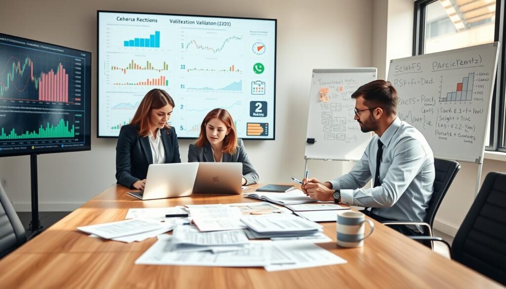 A professional office environment set in a well-lit room, featuring a large digital screen displaying various graphs and charts related to backtesting validation methods. In the foreground, a diverse group of three professionals in business attire (female and male) are intently analyzing data on a laptop, taking notes on a notepad. The middle layer showcases a sleek wooden table cluttered with documents, statistical reports, and a coffee cup. In the background, a whiteboard filled with complex equations and post-it notes highlights a brainstorming session. Natural light streams in through large windows, creating a bright and focused atmosphere, while a shallow depth of field emphasizes the collaborative spirit of the team engaged in data-driven discussions about validation techniques. A professional office environment set in a well-lit room, featuring a large digital screen displaying various graphs and charts related to backtesting validation methods. In the foreground, a diverse group of three professionals in business attire (female and male) are intently analyzing data on a laptop, taking notes on a notepad. The middle layer showcases a sleek wooden table cluttered with documents, statistical reports, and a coffee cup. In the background, a whiteboard filled with complex equations and post-it notes highlights a brainstorming session. Natural light streams in through large windows, creating a bright and focused atmosphere, while a shallow depth of field emphasizes the collaborative spirit of the team engaged in data-driven discussions about validation techniques.