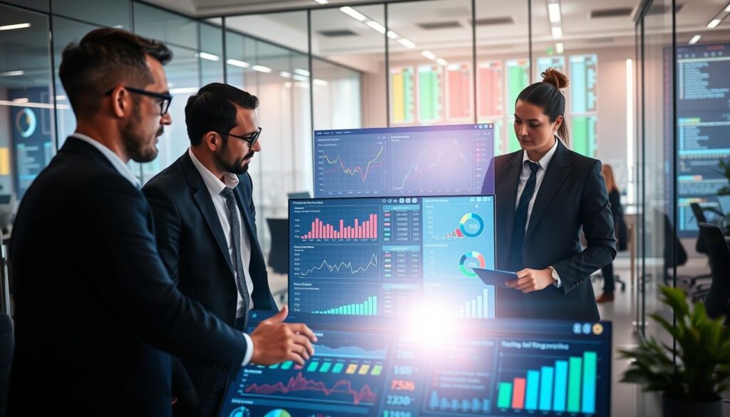 A professional workspace scene focused on analyzing betting data integration. In the foreground, a diverse team of three business professionals—two men and one woman—all dressed in smart business attire, are intently discussing data displayed on a large screen. In the middle ground, colorful charts and graphs filled with statistics and analytics metrics are visible, illuminated by a soft, bright light creating an engaging atmosphere. The background features a modern office setting with sleek furniture, glass walls, and a digital interface filled with real-time data feeds. The mood is collaborative and dynamic, emphasizing the blend of traditional betting strategies with advanced analytics, showcasing the importance of integration in smart wagering decisions.