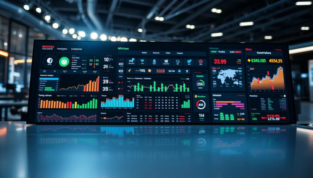 A sleek sports betting metrics dashboard displayed on a large-screen digital interface. In the foreground, various KPI graphs, charts, and numerical data points, such as win/loss ratios and betting volumes, are vividly presented in contrasting colors. The middle layer features a series of interactive elements, like dropdown menus and scrolling statistics, all designed in a modern, intuitive style. The background is a subtle, blurred view of a high-tech sports lounge, conveying an atmosphere of excitement and analysis. Soft, ambient lighting illuminates the dashboard, enhancing the clarity of the data while casting gentle reflections on the surface. The overall mood is professional, focused, and dynamic, ideal for capturing the essence of strategic betting analytics.