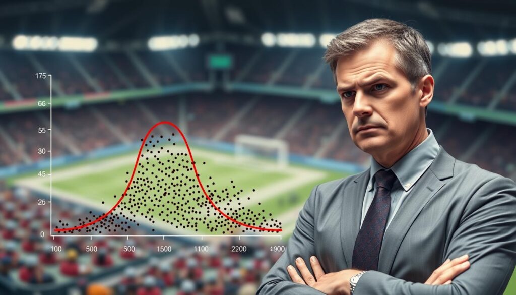 A visually compelling illustration of the limitations of the Poisson distribution model, presented in a scientific context. In the foreground, depict a graph showcasing the typical bell curve of the Poisson distribution, surrounded by scattered data points representing low-scoring sports events. In the middle ground, include a thoughtful professional in business attire examining the graph, with a furrowed brow, to convey contemplation of the model's shortcomings. The background should feature a blurred sports arena, hinting at various low-scoring sports activities. Use soft, diffused lighting to create an analytical mood, with a slight focus on the graph, while maintaining a depth of field that adds a sense of professional inquiry.