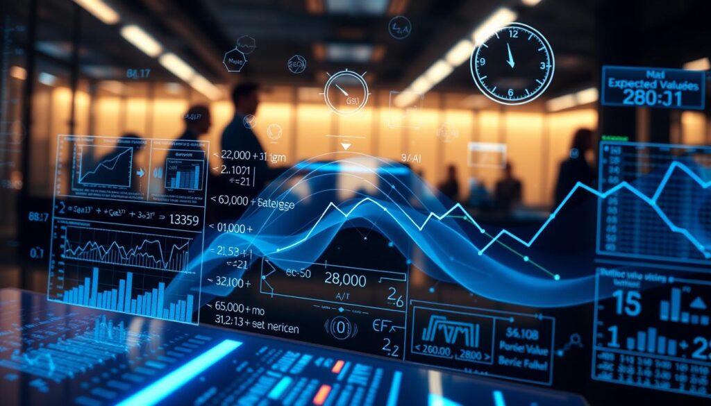 A visually engaging illustration of betting math algorithms visualization, showcasing complex mathematical equations and graphical representations of expected value calculations. In the foreground, include a sleek digital interface displaying charts, graphs, and numerical data, illuminated by a soft blue light, hinting at analytics and precision. The middle ground features abstract elements like swirling lines and geometric shapes representing algorithms, seamlessly blending with the charts. In the background, a blurred office environment conveys a professional atmosphere, with shadowy figures in business attire examining the data. Use a wide-angle perspective to create depth, with a focus on clarity and sophistication in the technical details. The overall mood should be analytical and insightful, symbolizing a deep dive into the science of betting mathematics.