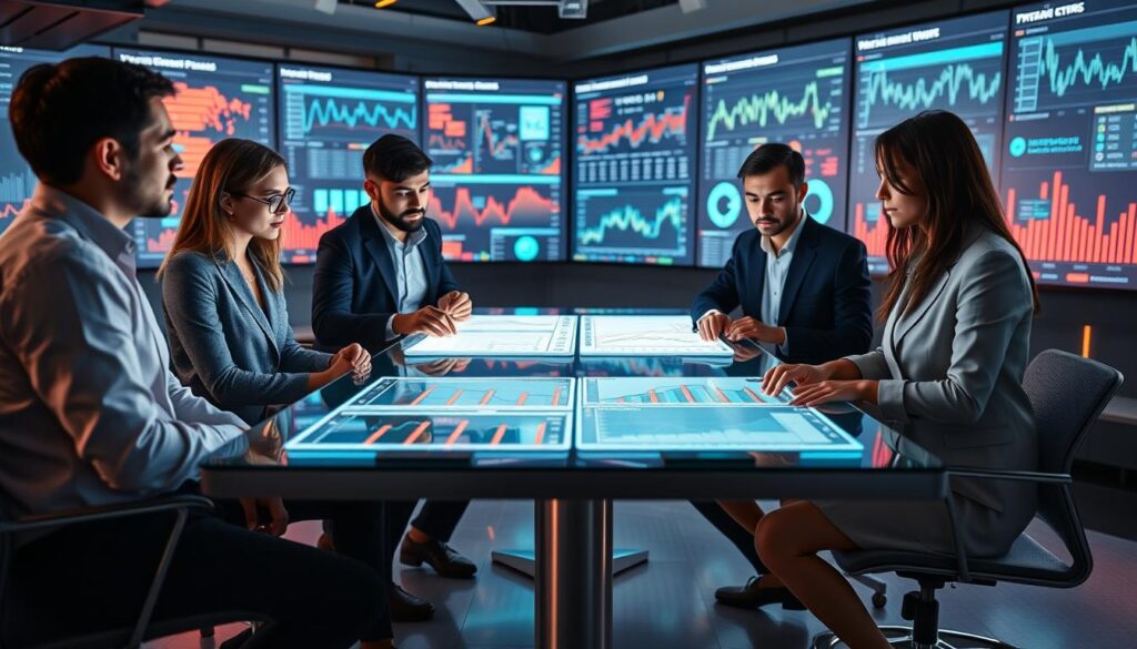 A visually engaging representation of "multi-model weighting strategies" in a high-tech analytical setting. In the foreground, display a diverse group of four professionals in smart casual attire, gathered around a sleek, modern table covered with graphs and data visualizations emanating from various screens. In the middle ground, feature dynamic charts displaying model outputs, with color-coded lines and indicators highlighting different weighting strategies being discussed. The background should include large digital displays showcasing vibrant data analytics, illuminated by soft, ambient lighting to create a focused yet collaborative atmosphere. Employ a slightly low-angle perspective to emphasize the importance of collaboration, with a mix of warm and cool lighting to convey a sense of innovation and professionalism. A visually engaging representation of "multi-model weighting strategies" in a high-tech analytical setting. In the foreground, display a diverse group of four professionals in smart casual attire, gathered around a sleek, modern table covered with graphs and data visualizations emanating from various screens. In the middle ground, feature dynamic charts displaying model outputs, with color-coded lines and indicators highlighting different weighting strategies being discussed. The background should include large digital displays showcasing vibrant data analytics, illuminated by soft, ambient lighting to create a focused yet collaborative atmosphere. Employ a slightly low-angle perspective to emphasize the importance of collaboration, with a mix of warm and cool lighting to convey a sense of innovation and professionalism.