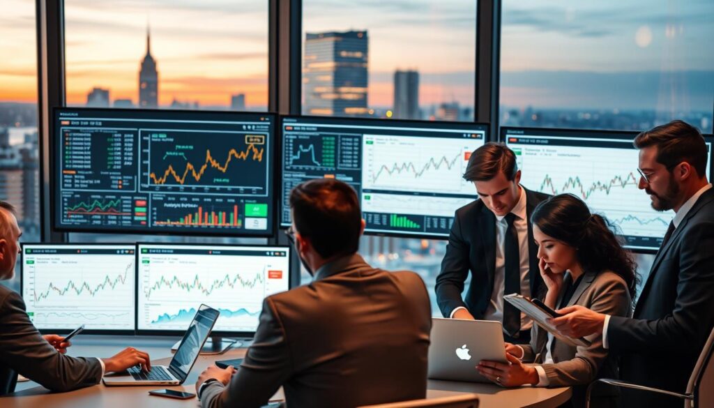 A visually engaging representation of "sports betting profitability expected value" set in a modern office environment. In the foreground, a diverse group of professionals in smart business attire are deeply engaged in analyzing data on laptops and tablets, their expressions focused and determined. The middle layer showcases large screens displaying complex graphs and charts related to expected value in sports betting, emphasizing statistical trends and profitability. In the background, a sleek window reveals a city skyline at dusk, with warm lighting emanating from the office, creating a professional yet inviting atmosphere. The overall mood is one of ambition and expertise, capturing the essence of strategic decision-making in sports betting.