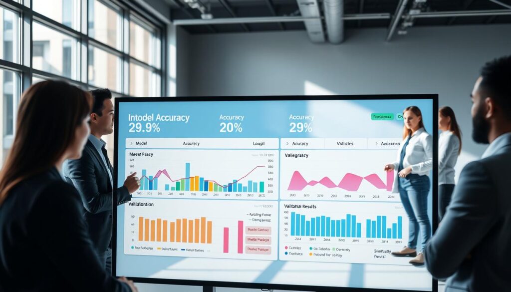 An integrated model accuracy dashboard set in a modern office environment. In the foreground, a large digital screen displays colorful graphs and metrics representing model performance, accuracy percentages, and validation results. The middle ground features a professional wearing smart business attire, intently analyzing the data, with a thoughtful expression. Surrounding them are other professionals engaged in discussions, adding a collaborative atmosphere. The background showcases a sleek, minimalistic office with large windows letting in natural light, casting soft shadows on the floor. The overall mood is focused and analytical, evoking a sense of professionalism and dedication to data-driven decision-making. An integrated model accuracy dashboard set in a modern office environment. In the foreground, a large digital screen displays colorful graphs and metrics representing model performance, accuracy percentages, and validation results. The middle ground features a professional wearing smart business attire, intently analyzing the data, with a thoughtful expression. Surrounding them are other professionals engaged in discussions, adding a collaborative atmosphere. The background showcases a sleek, minimalistic office with large windows letting in natural light, casting soft shadows on the floor. The overall mood is focused and analytical, evoking a sense of professionalism and dedication to data-driven decision-making.