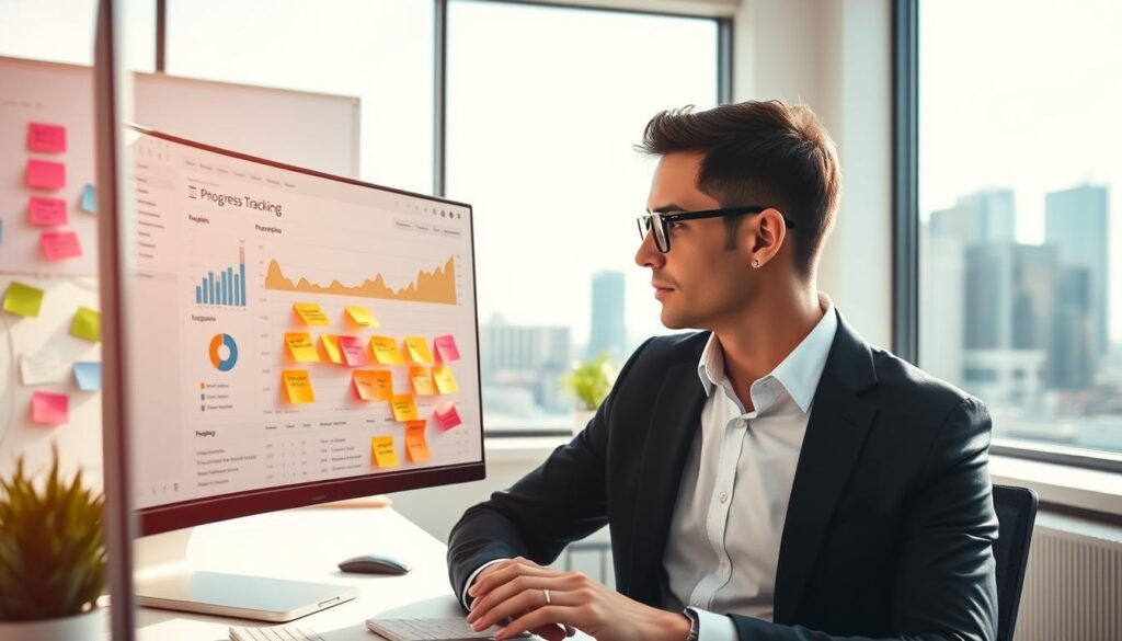 A modern office workspace, vibrant and organized, showcasing a large digital progress tracking dashboard on a sleek computer screen. The foreground features a focused professional wearing smart business attire, analyzing key metrics and graphs related to betting performance. In the middle ground, a whiteboard displays colorful sticky notes with goals and strategies for continuous improvement, symbolizing collaboration and planning. The background includes large windows allowing sunlight to stream in, creating a warm and motivating atmosphere with a cityscape view. The lighting is bright yet soft, enhancing the image's uplifting tone. The composition uses a slight angle to capture depth, making the viewer feel immersed in the environment of growth and progress.