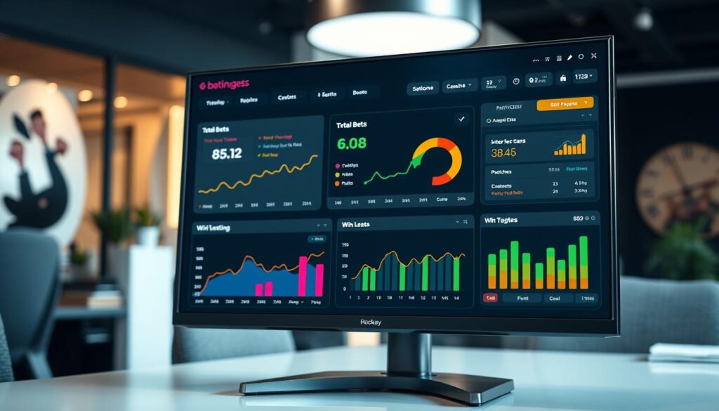 A sleek, modern betting progress tracking dashboard displayed on a high-resolution monitor. In the foreground, detailed graphs and charts exhibit metrics like total bets, win/loss ratios, and goal tracking visually represented with vibrant colors and dynamic data points. The middle section features user-friendly navigation buttons and interactive elements, all designed with a polished, professional aesthetic. The background subtly includes a blurred office setting with soft, warm lighting that creates an inviting atmosphere, emphasizing a focus on productivity and organization. The camera angle is slightly tilted to capture the depth of the screen while highlighting the intricate details of the dashboard. The overall mood is one of motivation and analytical precision, perfect for setting and surpassing performance goals.