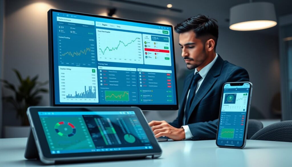 A sleek, modern user interface of sports betting software displayed on a computer screen, showcasing graphs, betting odds, and results in an organized layout. The foreground features a user navigating the software with focused expression, dressed in professional business attire. In the middle ground, a high-tech tablet and smartphone reflect the same user interface, illustrating accessibility across devices. The background fades into a stylish, minimalistic office environment with soft ambient lighting that creates a calm and focused atmosphere. The scene is captured from a slightly elevated angle, emphasizing the functionality and user experience of the software, with a color palette of blues and greens to convey trust and reliability.