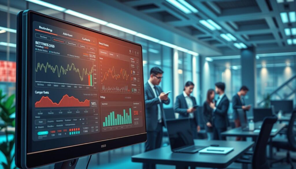 A visually striking illustration depicting a "predictive betting software analysis timeline." In the foreground, a sleek, high-tech computer screen displays detailed graphs and analytics, showcasing real-time betting data alongside historical performance metrics. The middle layer features a diverse group of professionals in business attire, analyzing data intently with focused expressions, surrounded by digital elements like icons representing sports and betting trends. In the background, a futuristic office setting with soft blue and green ambient lighting reflects a modern and dynamic atmosphere. The entire scene should evoke a sense of innovation and precision, with a balanced composition, captured from a slightly elevated angle to enhance visibility of both the screen and the individuals engaged in analysis.