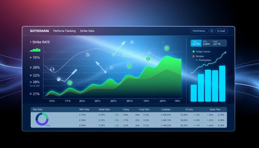 A sleek, modern performance tracking dashboard displaying a vibrant strike rate visualization in the foreground. The central focus is a dynamic graph with upward trends and distinct data points, showcasing win percentages and strike rates in bright colors like green and blue. In the middle ground, various analytical symbols and icons float around, including bar charts and line graphs, creating a sense of depth and complexity. The background is a subtle blend of gradients, featuring soft futuristic lines and abstract shapes, enhancing the tech-inspired atmosphere. The lighting is soft yet focused, casting a professional tone across the visualization, evoking a sense of achievement and insight for analytical bettors. The overall mood is inspirational and data-driven, with an emphasis on clarity and professionalism in design.
