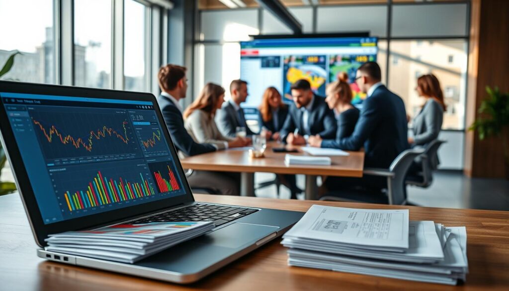 A visually dynamic composition showcasing various public betting data sources. In the foreground, a sleek, modern laptop displays colorful graphs and charts depicting betting trends and statistics. A stack of printed reports with clear labels is neatly arranged beside the laptop. In the middle, a diverse group of professionals in business attire are gathered around a conference table, deeply engaged in discussion, analyzing the data on a large screen displaying public betting visuals. The background features a bright, open office environment with large windows allowing natural light to stream in, casting soft shadows. The overall atmosphere is collaborative and focused, emphasizing data-driven decision-making in the world of betting analysis. The image should be well-lit, with a shallow depth of field to draw attention to the professionals and the laptop.