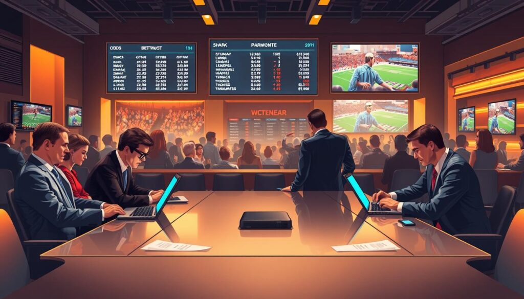 A dynamic illustration representing "Contrarian Betting Angles" in the context of sports betting. In the foreground, a diverse group of professionals in business attire gathers around a sleek modern conference table, analyzing data on laptops and discussing strategies. The middle ground features digital displays showcasing betting odds with sharp changes, indicating the contrast between sharp money and public sentiment. The background reveals a stylish and vibrant sports bar, filled with enthusiastic fans watching a game on large screens, symbolizing the public's influence. The lighting is warm and focused, creating a serious yet inspiring atmosphere, accentuated by the subtle glow of the screens. The angle is slightly elevated, capturing the intensity and excitement of the moment.