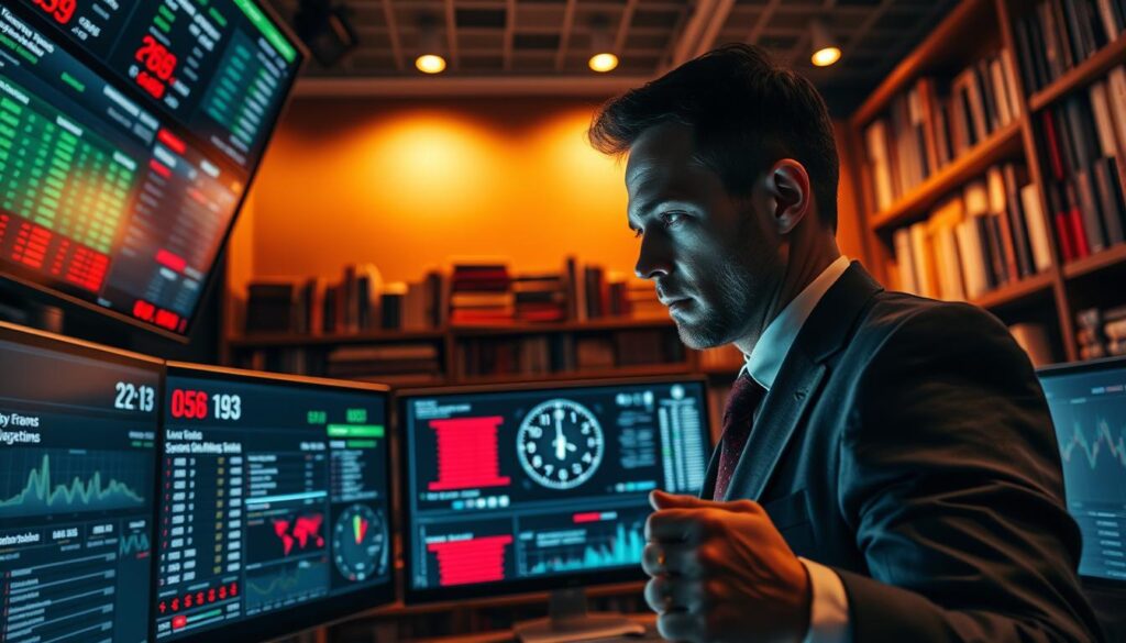 A dynamic scene capturing the concept of "sharp money betting timing." In the foreground, a focused, professionally dressed individual studies multiple screens displaying live betting odds, various sports statistics, and a clock showing fractions of a second ticking down. The middle ground features a sleek digital interface accentuating graphs and analytics, linking visual data to betting markets. In the background, a wall of bookshelves filled with sports psychology and statistics tomes, infused with warm ambient lighting, suggests an atmosphere of knowledge and strategy. The overall mood is intense yet strategic, highlighting the analytical approach of sharp bettors. The perspective is from slightly above eye level, giving a comprehensive view of both the individual and the busy betting environment, evoking a sense of urgency and expert timing.