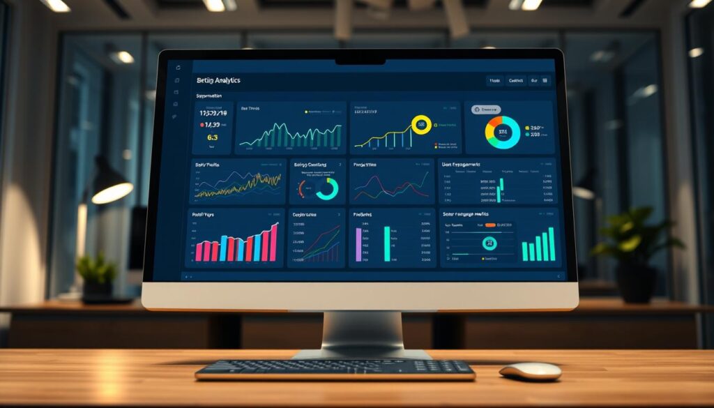 A modern betting analytics segmentation dashboard displayed on a sleek desktop computer. In the foreground, vibrant graphs and pie charts highlight data on betting trends, profitability over time, and user engagement metrics, all rendered in a clean, professional layout. The middle section features a sophisticated interface with interactive elements and color-coded segments, showcasing various betting categories. The background is a softly blurred office environment with subtle lighting that emphasizes the screen, creating a focused atmosphere for analysis. The overall mood is analytical and insightful, suitable for professionals dedicated to optimizing their betting strategies. The scene conveys a sense of precision and clarity, enhancing the viewer's understanding of analytical data. A modern betting analytics segmentation dashboard displayed on a sleek desktop computer. In the foreground, vibrant graphs and pie charts highlight data on betting trends, profitability over time, and user engagement metrics, all rendered in a clean, professional layout. The middle section features a sophisticated interface with interactive elements and color-coded segments, showcasing various betting categories. The background is a softly blurred office environment with subtle lighting that emphasizes the screen, creating a focused atmosphere for analysis. The overall mood is analytical and insightful, suitable for professionals dedicated to optimizing their betting strategies. The scene conveys a sense of precision and clarity, enhancing the viewer's understanding of analytical data.