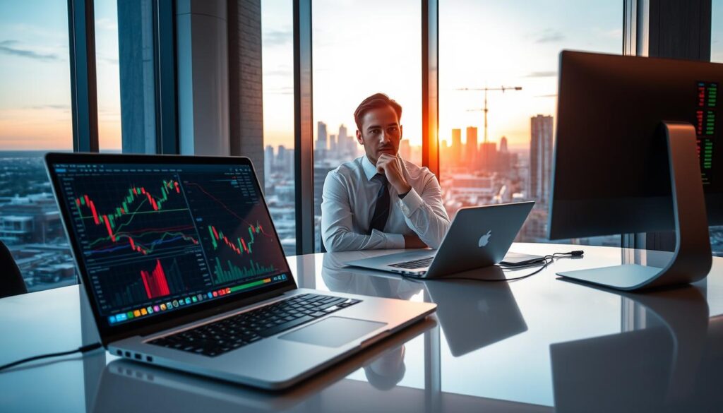 A professional trading environment with a focus on "strategic bet signals" as seen in advanced market indicators. In the foreground, a sleek, modern desk features an open laptop displaying complex trading graphs and candlestick patterns. A sophisticated trading terminal with colorful, dynamic indicators highlights key signal points. In the middle, a focused trader in professional business attire analyzes the data, with a thoughtful expression. The background shows a large window overlooking a city skyline at dusk, where the warm golden light of the setting sun contrasts with the cool blue hues of dusk, creating a calm yet intense atmosphere. The image should emphasize clarity, capturing the moment of strategic decision-making in trading, showcasing a blend of technology and concentration.
