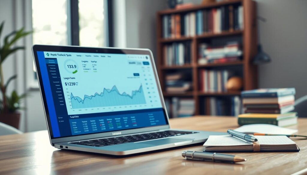 A sleek, modern bet tracking tool interface displayed prominently in the foreground, showcasing graphs and charts that illustrate long-term profitability. In the middle ground, a well-organized workspace featuring a laptop with a vibrant screen filled with statistics, alongside a notepad and pen for jotting down notes. The background features a softly blurred bookshelf filled with sports analytics books and guides, adding depth to the scene. The lighting is bright and focused, with a natural daylight effect streaming in from a nearby window, creating a professional and motivating atmosphere. The overall mood is one of diligence and strategic planning, ideal for monitoring betting performance and improving one’s edge over time.