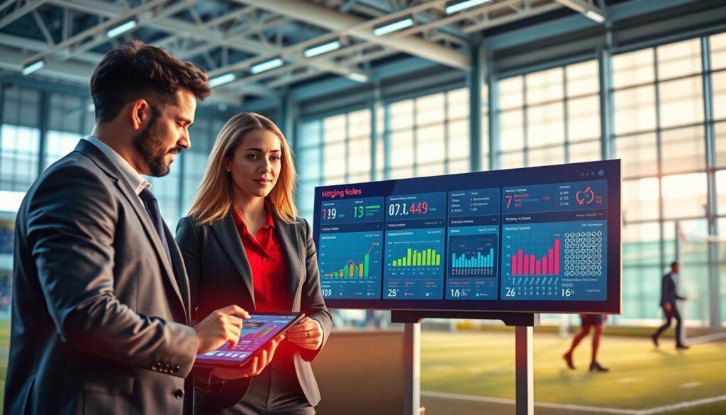 A conceptual illustration displaying dynamic updates for sports roles and injuries. In the foreground, a diverse group of three professionals in business attire, engaged in a discussion around a digital tablet displaying live player statistics and injury updates. The middle ground features a large interactive display board with colorful graphs and charts, indicating player performance metrics and injury statuses. In the background, a modern sports facility with large windows illuminated by natural light, showcasing athletes training. The atmosphere is vibrant and innovative, highlighting real-time data analysis in sports. Use soft diffused lighting to enhance focus on the professionals and their technology, capturing a sense of urgency and engagement.