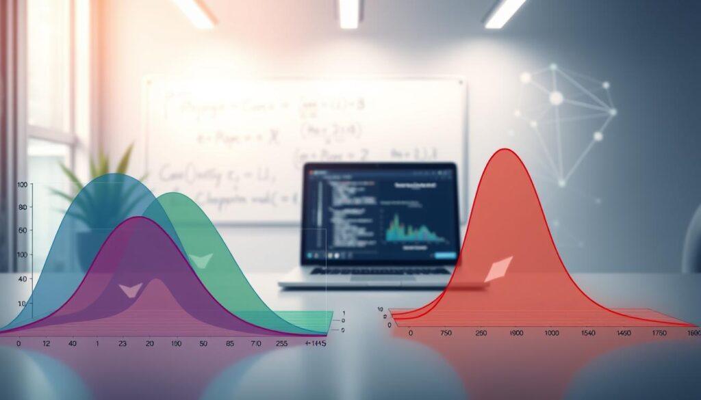 A detailed illustration of Bayesian modeling, focusing on priors and posterior intervals. In the foreground, a series of colorful, overlapping graphs and bar charts depict prior distributions and posterior intervals, showcasing various shapes like normal and beta distributions. In the middle, a sleek, modern workspace is visible, featuring a laptop displaying relevant algorithms and a whiteboard with equations and notes. In the background, a subtle, abstract representation of data flow and network connections creates depth, symbolizing complex Bayesian interactions. Soft, ambient lighting enhances the analytical atmosphere, while a shallow depth of field keeps attention on the graphs. The overall mood conveys professionalism and intellectual engagement, set within an inspiring, high-tech environment.