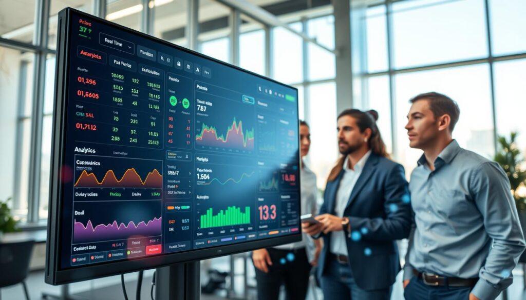 A dynamic, high-tech digital dashboard displaying real-time pricing analytics related to live sports betting. In the foreground, a sleek monitor shows fluctuating live odds, colorful graphs, and statistics in an interactive interface. In the middle ground, a diverse group of three professionals, dressed in smart casual attire, are engaged in analyzing the data. The background features a modern office setting with large windows letting in sunlight, creating a bright and productive atmosphere. Use a wide-angle lens to capture the depth of the scene. The overall mood is energetic and focused, illustrating the excitement of real-time decision-making in sports analytics, enhanced with soft lighting for clarity and warmth. Include a futuristic touch with holographic elements surrounding the dashboard.