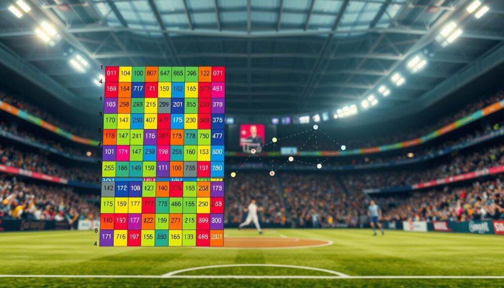 A visually striking representation of a transition matrix, prominently displayed in the foreground, featuring a grid-like structure filled with vibrant colors representing various probabilities. Each cell is dynamically animated, illustrating the concept of state transitions. In the middle ground, a stylized play-by-play game scene subtly hints at basketball or football dynamics, showcasing abstract arrows linking different player positions, symbolizing movement and possession changes. The background is softly blurred, featuring a large stadium filled with cheering fans, adding a sense of excitement and energy. Soft, diffused lighting enhances the technical feel, creating a professional atmosphere. Use a wide-angle lens perspective to emphasize depth and detail, capturing the complexity and dynamism of in-play modeling with Markov Chains.