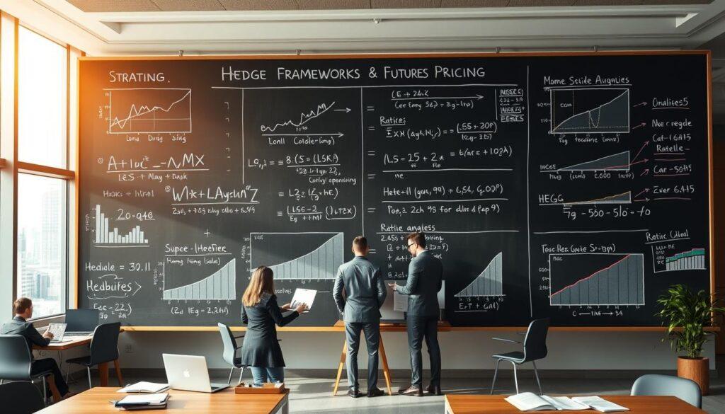 A detailed infographic illustrating "Hedge Frameworks and Ratios in Futures Pricing". In the foreground, display a large chalkboard filled with dynamic graphs and equations representing various hedging strategies and ratios. In the middle, depict a professional setting with analysts in business attire, discussing the charts, surrounded by laptops and financial documents. In the background, include a modern office environment with large windows showing a cityscape, emphasizing a bright and optimistic atmosphere. Soft, natural lighting streams in, creating a warm and intellectual ambiance. Use a wide-angle lens to capture the depth of the space, ensuring a focus on the analysts engaging with the chalkboard, highlighting the collaborative nature of financial strategy.